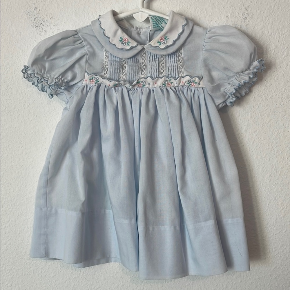 Blue Smocked Babydoll Dress with Peter Pan Collar